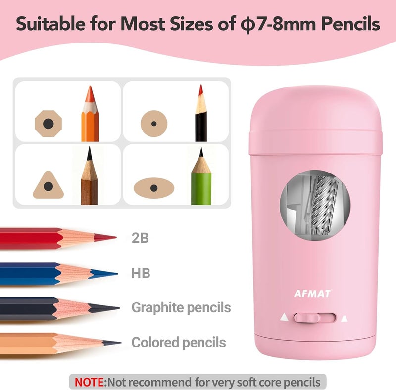 AFMAT Electric Pencil Sharpener, Fully Automatic Pencil Sharpener for 7-8mm Pencils & Colored Pencils, Auto in & Out, Rechargeable Vertical Hands-Free Sharpeners for Classroom/Home/Office PSX7(Pink) - Image 3
